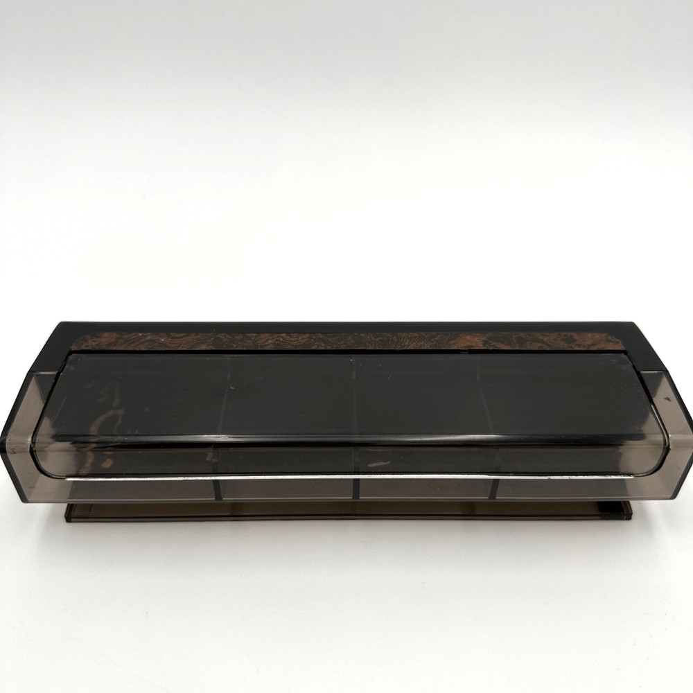 1980s Plastic Black with Faux Wood Desk Caddy Clear Smoke Organizer Hong Kong