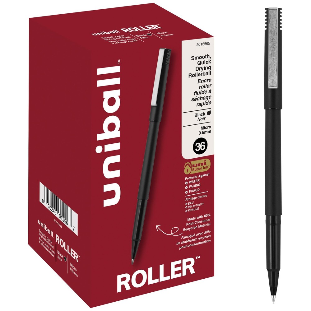 uniball Roller Rollerball Pens, Micro Point (0.5mm), Black, 72 Pack