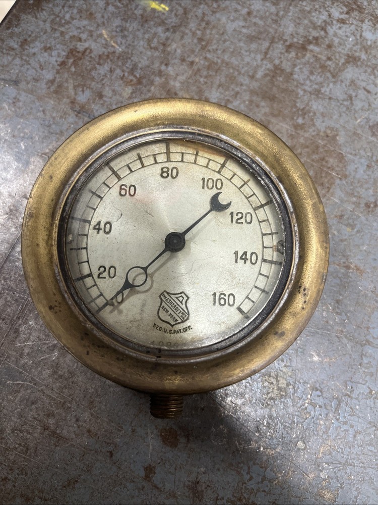 Ashcroft Steam Pressure Gauge 160 Psi Brass Bronze Steampunk Vintage Antique 1/4