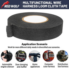 RED WOLF Wiring Harness Tape High Temp Wire Cable Loom Self-Adhesive Fabric Tape
