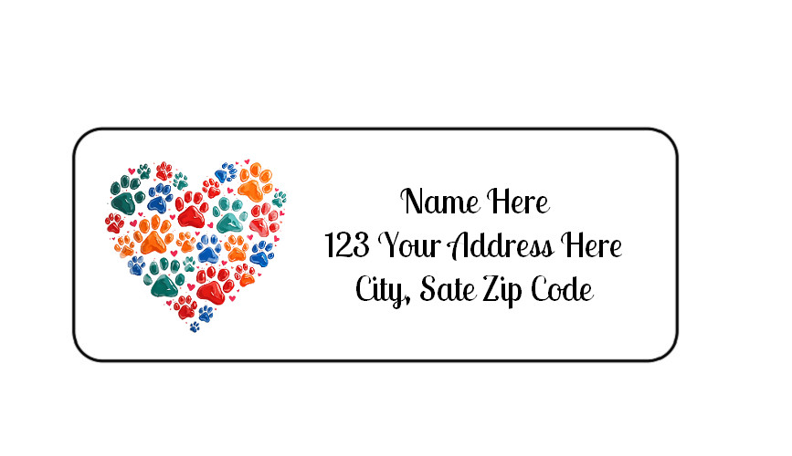 30 Pawprint Heart PERSONALIZED RETURN ADDRESS LABELS 1 in X 2 5/8 GLOSSY
