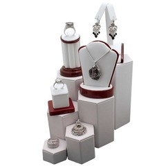 Mid Size White Leather Jewelry Display Stand Riser Set – 6 Pieces