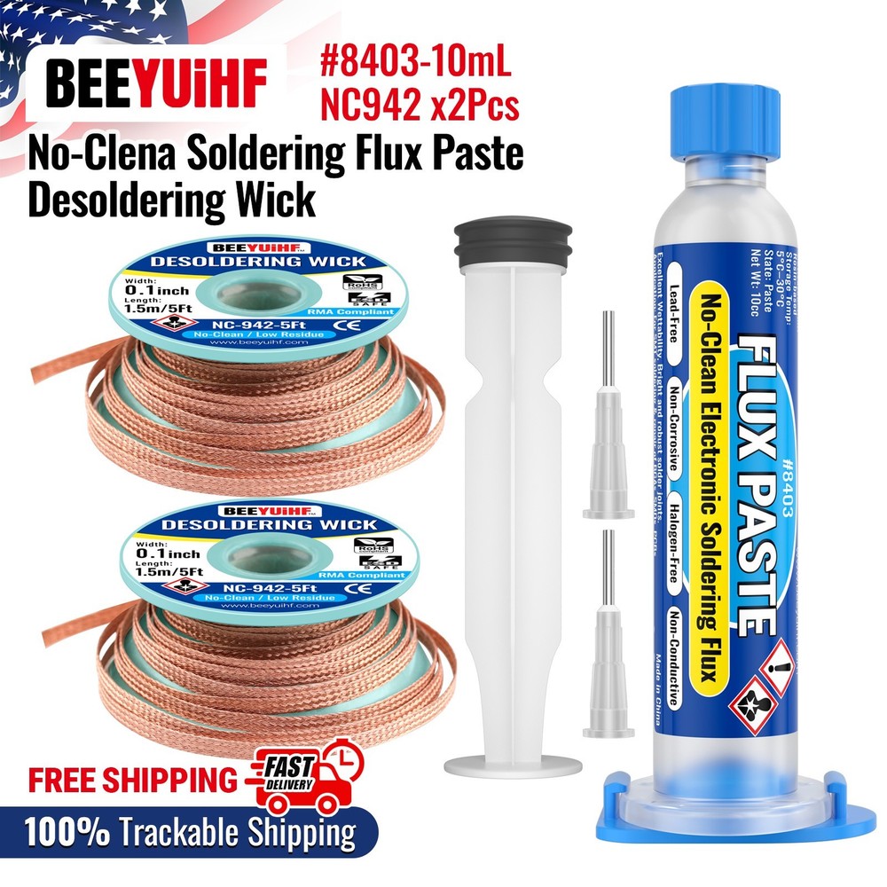 BEEYUIHF 10mL No Clean Soldering Flux Paste, 2PCS Desoldering Wick Braid 5ft