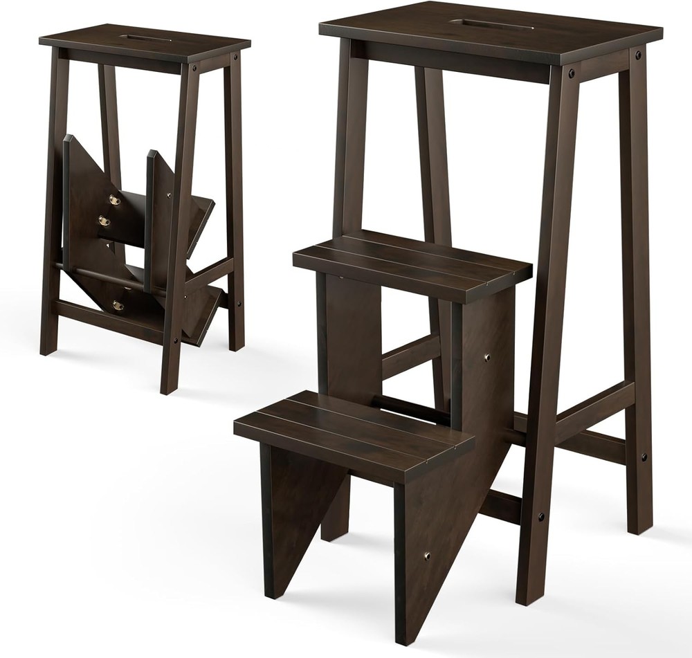 Costzon Folding 3-Step Stool, 3-in-1 Wooden Ladder with Handles