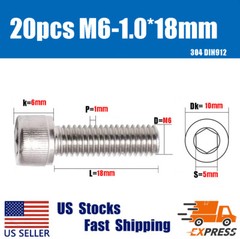 20PCS New M6X 18mm 304 Stainless Steel Allen Hex Socket Cap Head Screws DIN912