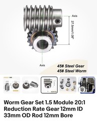 Worm Gear Set 1.5 Module 20:1 Reduction Rate Gear-12mm ID 33mm OD, Rod 12mm Bore