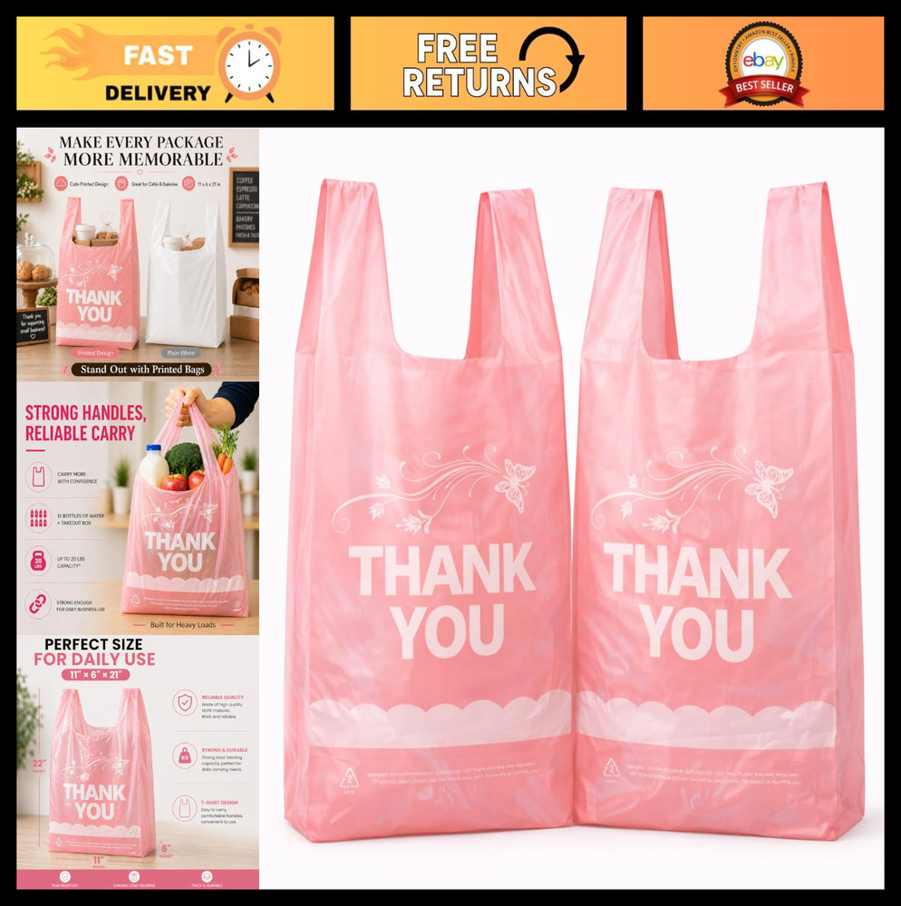 800 Pink Thank You T-Shirt Bags with Handles, 11″x6″x21″, Durable HDPE for Groce