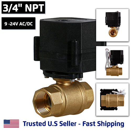 3/4″ 9-24V AC/DC Motorized Electric Ball Valve 9 12 to 24 Volt Slow Close 2 Wire
