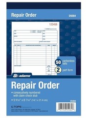 Adams Repair Order Book, Carbonless, 2-Part, White/White, 5-9/16 x 8-7/16 Inches