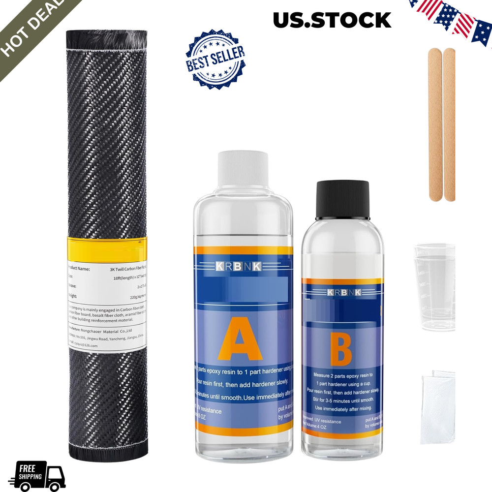 NEW 10FT Carbon Fiber Repair Kit 12in Fabric Cloth Epoxy Resin Hardener Set