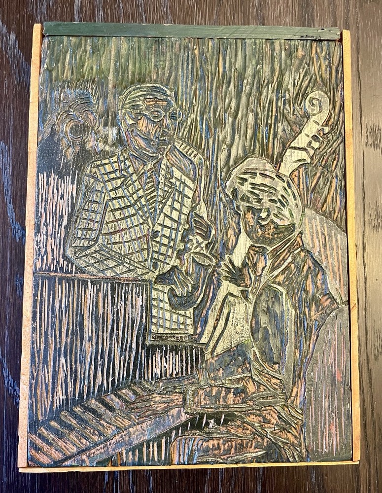 Vintage Woodcut block for printing Jazz Beatnik Dave Brubeck style Folk Art