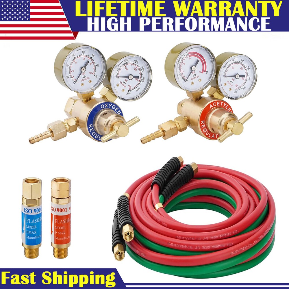 New Oxygen and Acetylene Regulator Set (2) Welding Gas Gauges + 1/4″×50Ft Hose