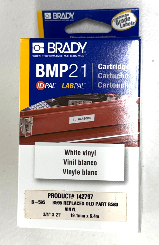 Brady BMP21 Label Cartridge White Vinyl 3/4″ x 21 ft B595 #142797 19.1 x 6.4 mm