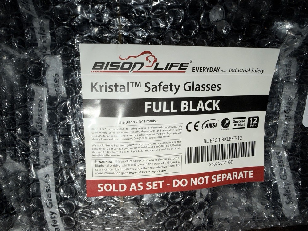 12 Pair of Bison Life Kristal Safety Glasses – Full Black – One Size