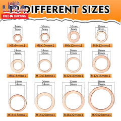 330 Pcs Copper Washers Assortment Kit – 12 Sizes Flat Sealing Crush Washers (M5-