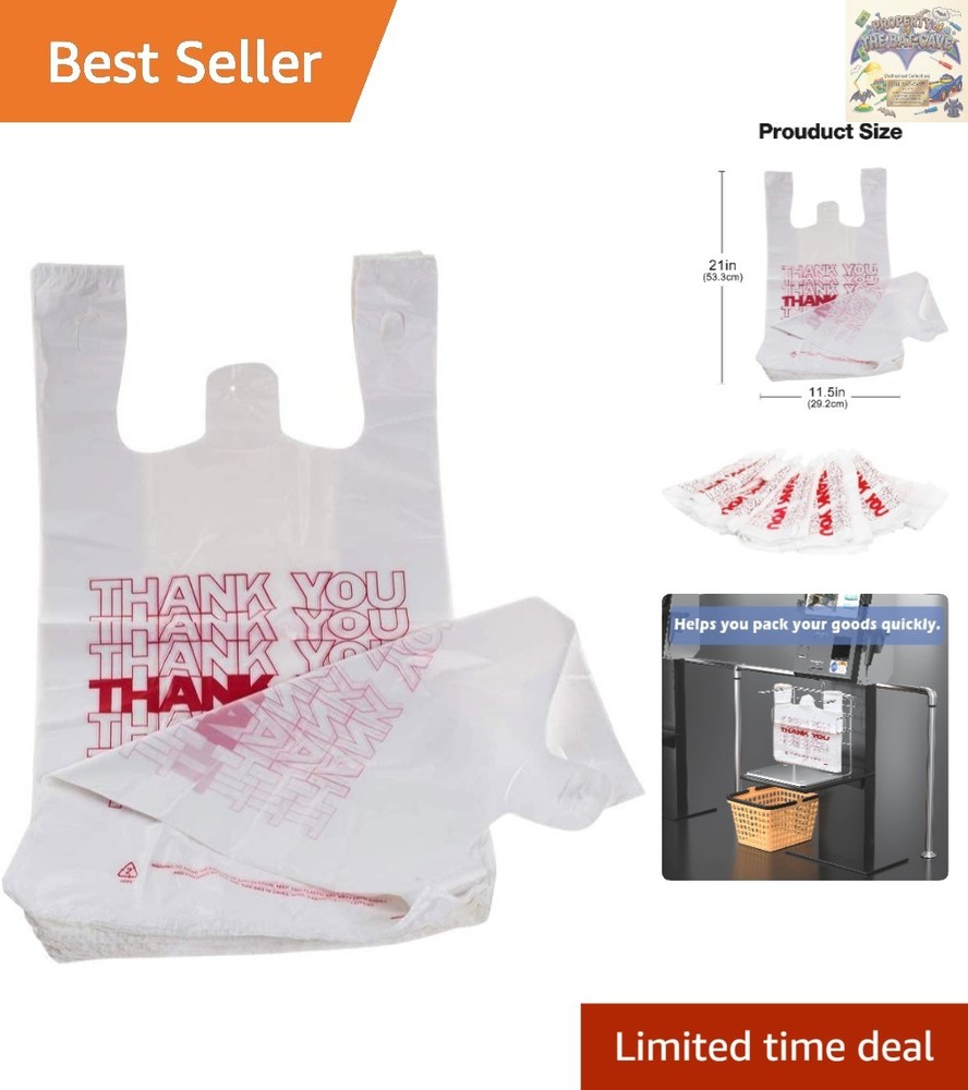 Reusable 100 Count Plastic Bags – Thank You Print Grocery Bags with Handles