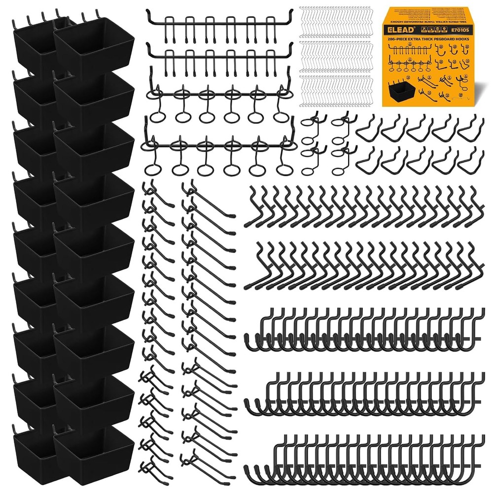Extra Thick Pegboard Hooks 286 Piece Heavy Duty 1/4 Inch Black Storage Tool