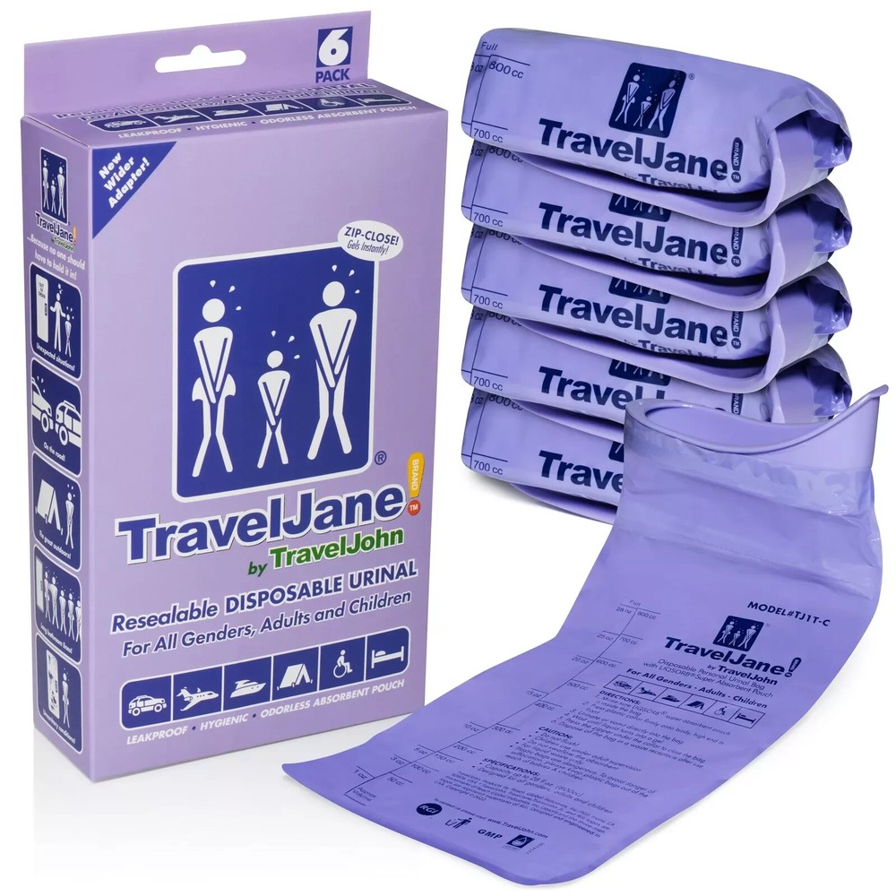 a box of 6 ~ TravelJane Disposable Urinals by TravelJohn ~ unisex, Adults, Kids