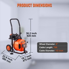 VEVOR Drain Cleaner Machine Electric Drain Auger 75 FT x 1/2 In Auto Feed