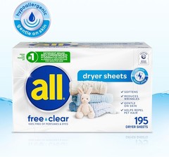 All Free Clear Unscented Fabric Softener Dryer Sheets, 195 Count