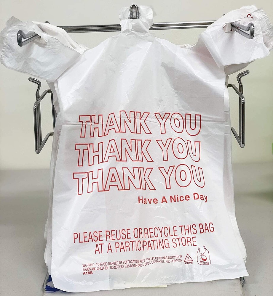 500 Bags 1/6 Large 21 x 6.5 x 11.5 “Thank You” T-Shirt Plastic Grocery Shopping