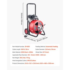 Uimoso Electric Drain Auger Machine with 100 FT x 3/4 In Cable and Auto Feed
