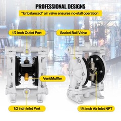 VEVOR Air-Operated Double Diaphragm Pump 2.5GPM 1/2″ Inlet Outlet Polypropylene