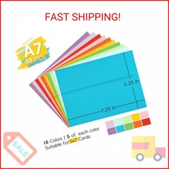 Colored Envelopes Self Seal A7 50 Pack, 10 Colors, Goefun 5.25 x 7.25 Printable