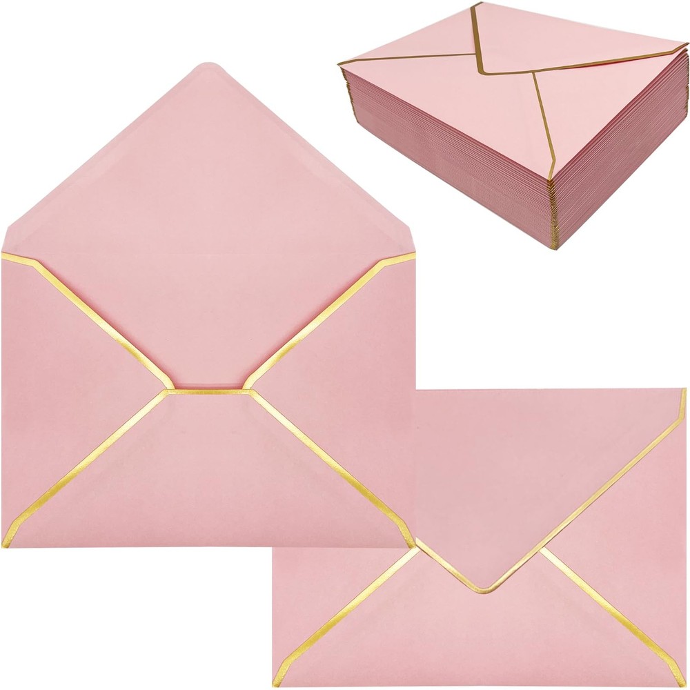 5×7 Envelopes for Invitations with Gold Border, 50 Pack A7 One Size, Pink