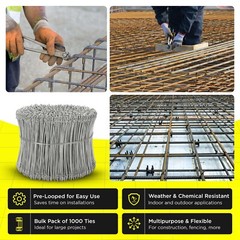 8 Inch x 1000pc STAINLESS STEEL Double Loop Rebar Wire Ties, 16 Gage, SIMBASTEEL