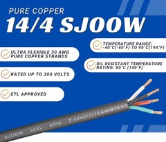 WindyNation 14/4 14 AWG 4 Conductor SJOOW Cable Cord Wire 300V Portable Power