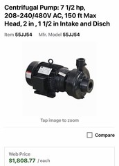 Dayton 55JJ54 Cast Iron 7-1/2 Hp Centrifugal Pump 208-230/460V, 1 1/2 in Intake