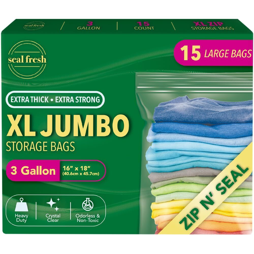 3 Gallon Heavy Duty Plastic Storage Bags – 15 Count Jumbo Zip Bags