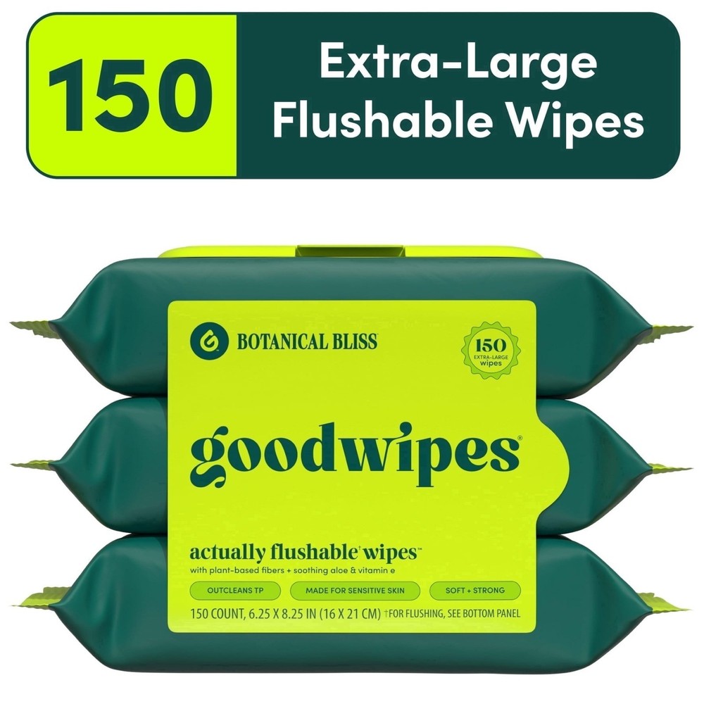 goodwipes Flushable Butt Wipes, Botanical Bliss Scented, 3 Pack, 150 Wipes Total