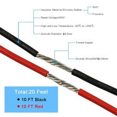 12AWG Silicone Wire 20FT Red Black Stranded Tinned Copper Flexible Cable