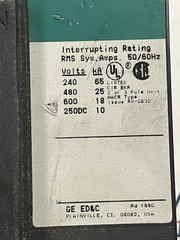GE 20A 3 Pole 600V Circuit Breaker THED136020