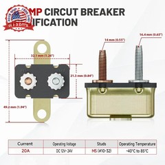 RED WOLF (20A 1PC) DC 12V-24V Automatic Reset Circuit Breaker #10-32 Stud Bolt T