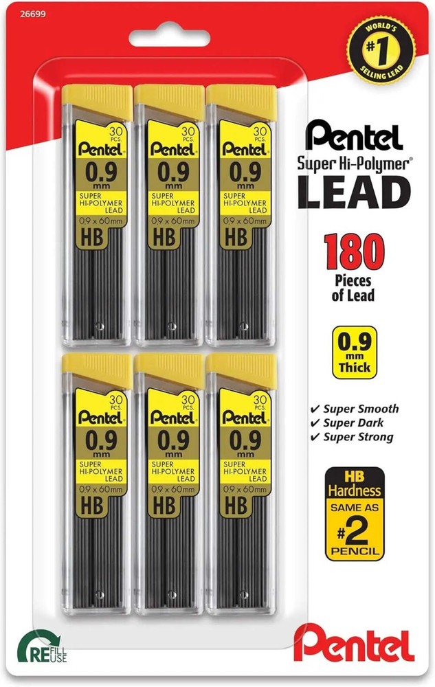 Refill Super Hi-Polymer Lead (0.9mm) HB 30pc tube 6pk
