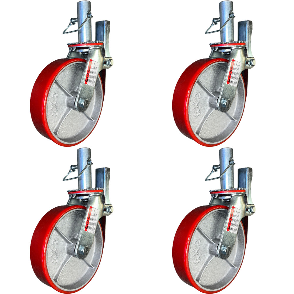 4 pcs Scaffold Caster 8″ x 2″ Red Wheels w/ Locking Brakes 1-1/4″ Stem with Pin