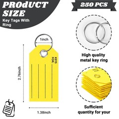 250 Yellow Key Tags with Labels & Rings – 1.38×2.76 Inches, Ideal for Car Dealer