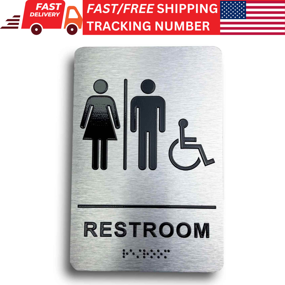 Unisex Restroom Sign with Braille, Aluminum 9 x 6″ ADA Restroom Sign
