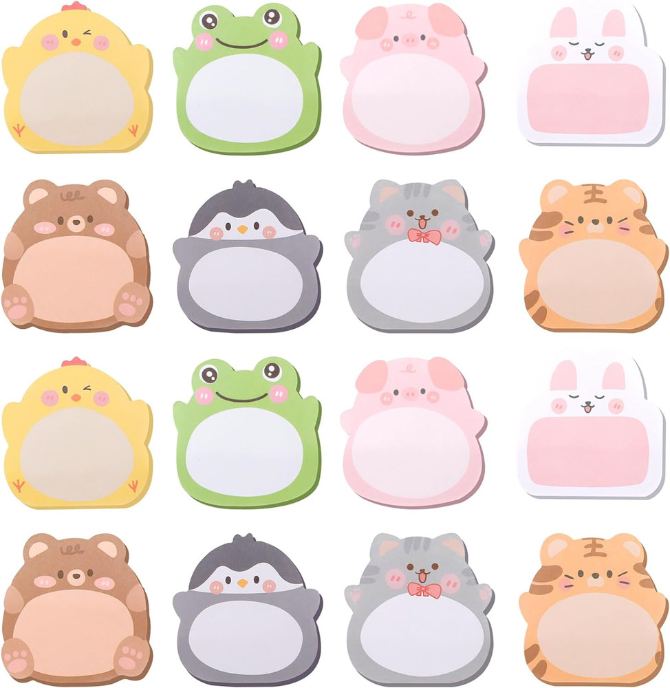16 Packs Cartoon Animal, Self-Stick Note Pad Set, Cute Sticky Labels Shaped Mem