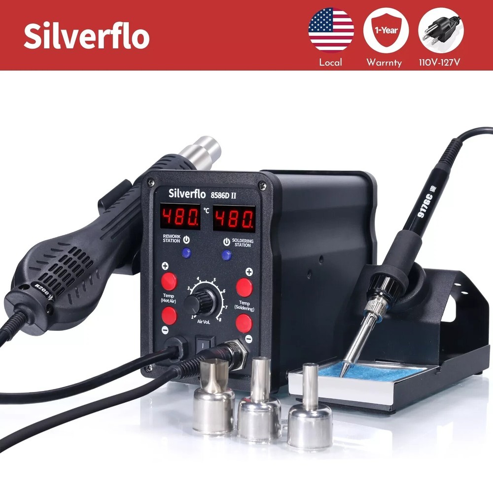 Silverflo 750W 8586D Soldering Iron kit Heat Station Hot Air Gun Rework Station