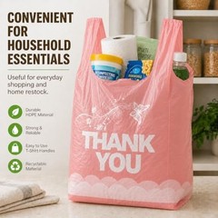 800 Pink Thank You T-Shirt Bags with Handles, 11″x6″x21″, Durable HDPE for Groce