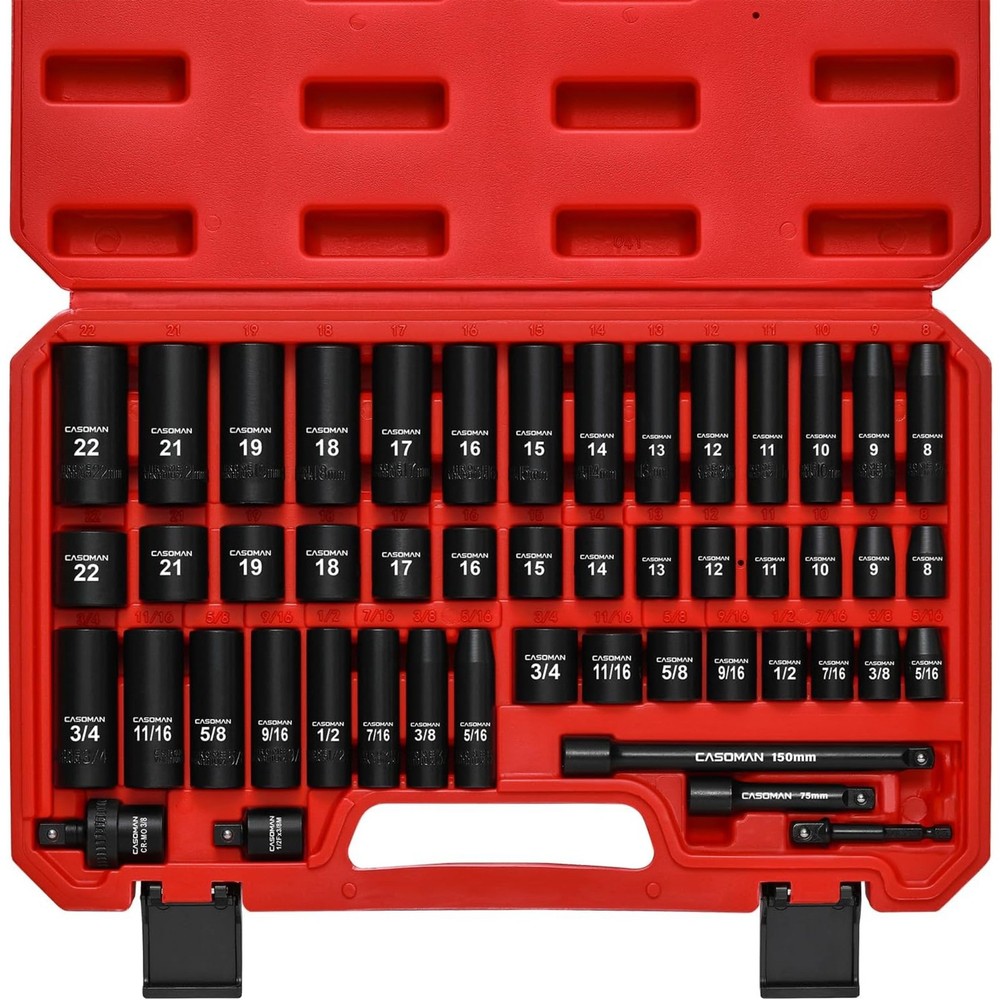 CASOMAN 3/8″ Drive Impact Socket Set, 49 Piece Standard SAE and Metric Sizes