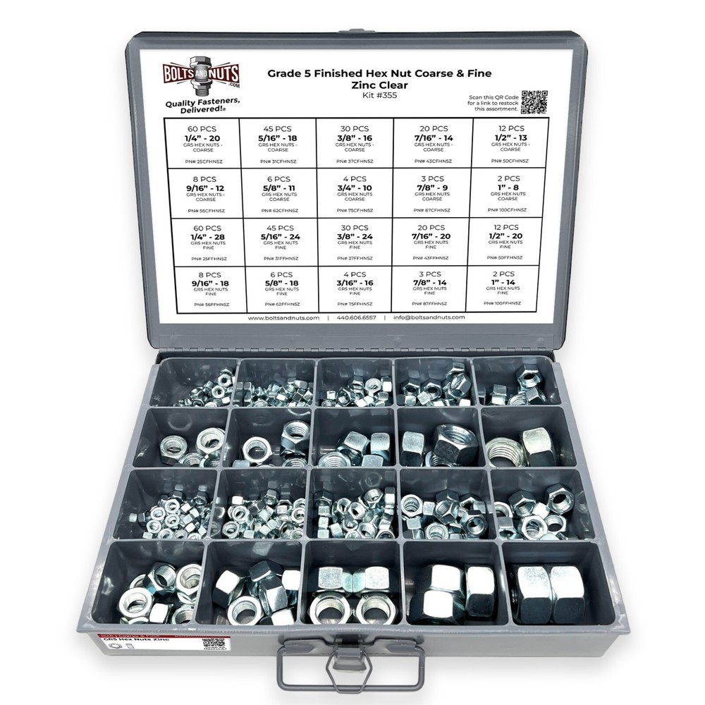 Grade 5 Finished Hex Nut Coarse & Fine Zinc Clear Assortment – 381 PCS