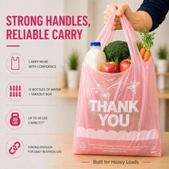 800 Pink Thank You T-Shirt Bags with Handles, 11″x6″x21″, Durable HDPE for Groce