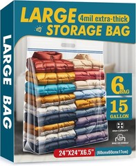 15 Gallon Large Storage Bags, 24″ x 24″ Clear Plastic Zipper Bags with Handle…