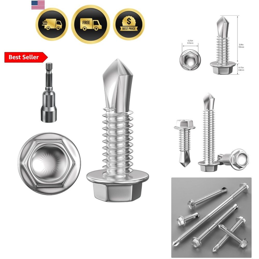 300Pcs Hex Washer Head Self Drilling Screws, 410 Stainless Steel Metal SheetS…