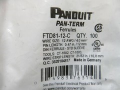 100 PACK PANDUIT – FTD81-12-C TERMINAL WIRE FERRULE 12AWG GREY